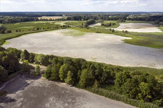 Aerial view of dried up fish ponds in Reckahn in Brandenburg. The Plane, a river that normally