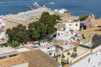 Above the rooftops of the old town of Eivissa, Ibiza Town, with views of the fortress, Ibiza,