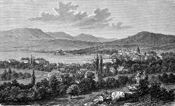 Gmunden in the Salzkammergut in Austria, in 1880, Historical, digital reproduction of an original