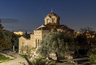 Greek Orthodox Church of the Holy Apostles of Solaki by niight, Ancient Agora of Athens, Greece,