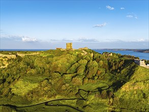 Scarborough Castle from a drone, Scarborough, North Yorkshire, England, United Kingdom, Europe