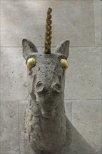 Head of a unicorn above the entrance to the Unicorn Pharmacy, Bamberg, Upper Franconia, Bavaria,