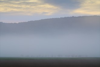 Foggy morning landscape with green meadows, trees and rolling hills at sunrise, spring,