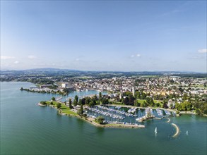 Harbour area, ferry port, yacht harbour, marina of Romanshorn with lake park, aerial view, Lake