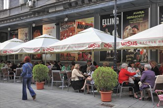 Bucharest, city centre, street scene in the historic old town, street cafes and restaurants,