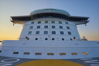 Cruise ship Mein Schiff 6, view from the hump to the bridge, at sunrise, North Sea, Denmark, Europe