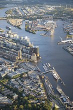 Aerial view of Hamburg harbour with Elbe, Elbphilharmonie, Speicherstadt, Hafen City,