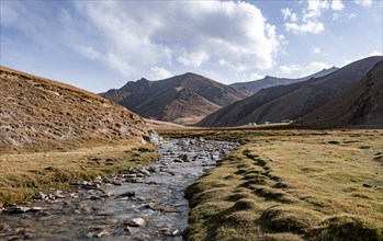 River in front of mountain landscape, Kol Suu river and mountain peak, Tien Shan, Naryn province,