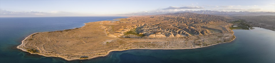 Aerial view, landscape at Lake Issyk Kul, Kyrgyzstan, Asia