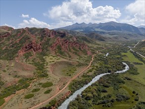 Aerial view, Djuku River and red rock formations, sandstone cliffs, Jeti Oguz, Tien Shan Mountains,