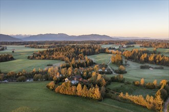 Sunrise near Sachsenkam, Tölzer Land, aerial view, Alpine foothills, Upper Bavaria, Bavaria,