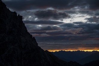 Montafon mountains with dramatic cloudy sky at sunrise, Tschagguns, Rätikon, Montafon, Vorarlberg,