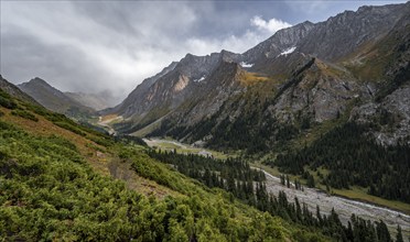 Green mountain valley with river and steep mountain peaks, Chong Kyzyl Suu Valley, Terskey Ala Too,