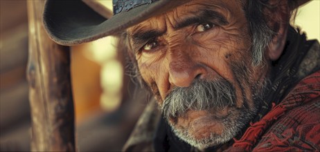 Authentic gaucho portrait. A man with a cowboy hat and beard is looking at the camera, AI generated