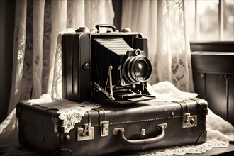 Vintage film camera surrounded by black and white photos in soft sunlight, AI generated