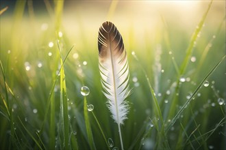 A lone feather resting gently on a dew-covered grassy field, with soft morning light illuminating