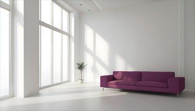 Minimalist living room with clean lines and neutral tones, featuring a modern magenta colored sofa,