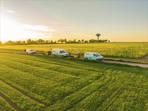 Cars driving along a rural road next to green and blooming fields at sunset, fibreglass