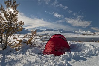 Tent in mountain landscape, Sarek National Park, Laponia World Heritage Site, Norrbotten, Lapland,