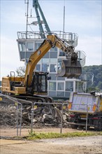 Demolition of the regatta grandstand at Lake Baldeney, in Essen, regatta tower remains standing,