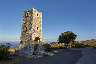 Memorial, Greek national flag, road, tree, Mani peninsula, Peloponnese, Greece, Europe