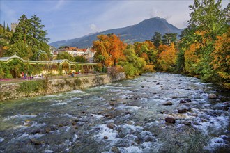 River Passer with winter promenade in the spa area in autumn, Merano, Burggrafenamt, Adige Valley,