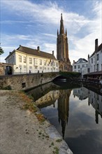 Church of Our Lady, Gothic church, church tower, reflection in the canal, historic centre, UNESCO