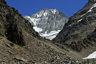 Wide scree fields in front of the Bietschhorn summit, Lötschental, Valais, Switzerland, Europe