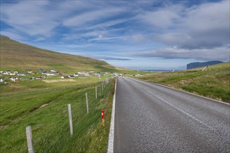 Rural road overlooking the village of Vidareidi, Vidoy Island, Viðareiði, Viðoy Island, Faroe