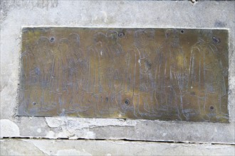 Tudor brass memorial ten sons of Edward Duke family, 1593, St Mary parish church, Benhall, Suffolk,