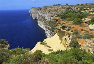 Coastal clifftop landscape view westwards at Ta' Cenc cliffs, island of Gozo, Malta, Europe