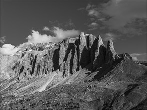 The peaks of the Puez Group, drone image, black and white image, Val Gardena, Dolomites, Autonomous