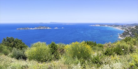 View of Arillas Bay with turquoise blue sea panorama on the island of Corfu, Greece, Europe