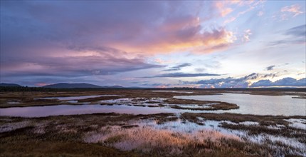 Sunset, lakes and moorland, Lapland, Finland, Europe