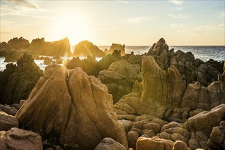 Red rocks by the sea, sunset, Costa Paradiso, Sardinia, Italy, Europe