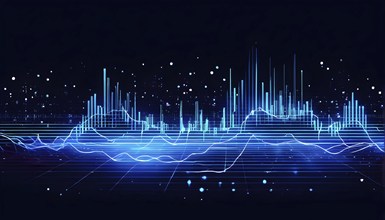 Abstract illustration of digital wave forms and circuits converging to form abstract symbols of