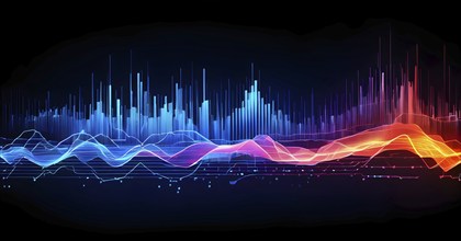 Abstract illustration of digital wave forms and circuits converging to form abstract symbols of