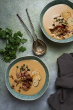 Pumpkin cream soup, curry, fried bacon, bruschetta chips, micro-greens, top view, no people