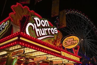 Night shot, stall, churros, confectionery, sweets, advertising, neon lighting, Cannstatter Wasen,