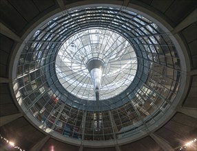 Modern glass dome with spiral design flooded with natural light, Reichstag building, German