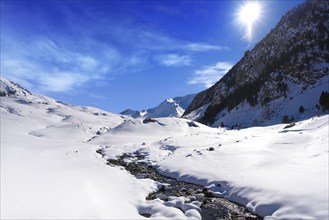 Cerler snow stream in Pyrenees of Huesca in Spain