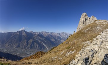 Pierre Avoi, view into the Rhone valley, rocky peak above Verbier, Valais, Switzerland, Europe