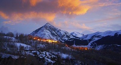 Benasque village Benas sunset aerial view in Huesca Pyrenees of Spain