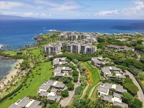 Aerial view of tropical destination with white sand and turquoise water. Kapalua coast in Maui,