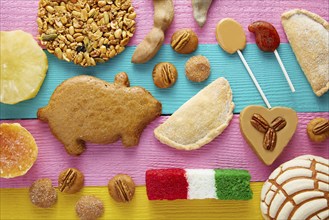 Mexican sweets and pastries cajeta tamarindo coconut flag Palanqueta puerquito