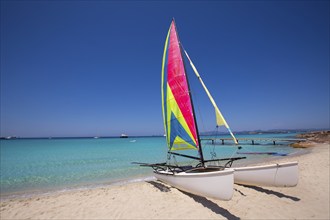 Catamaran sailboat in Illetes beach of Formentera at Balearic Islands