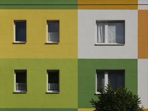 Coloured prefabricated building, facade, seen in Halberstadt, Saxony-Anhalt, Germany, Europe