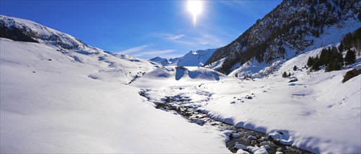 Cerler snow stream in Pyrenees of Huesca in Spain