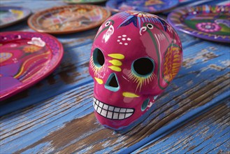 Mexican pink skull dia muertos crafts in Mexico of deaths day