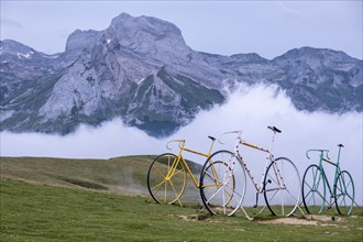 Giant bicycles tribute to the Tour, Col Aubisque, Aquitaine, French Pyrenees, France, Europe